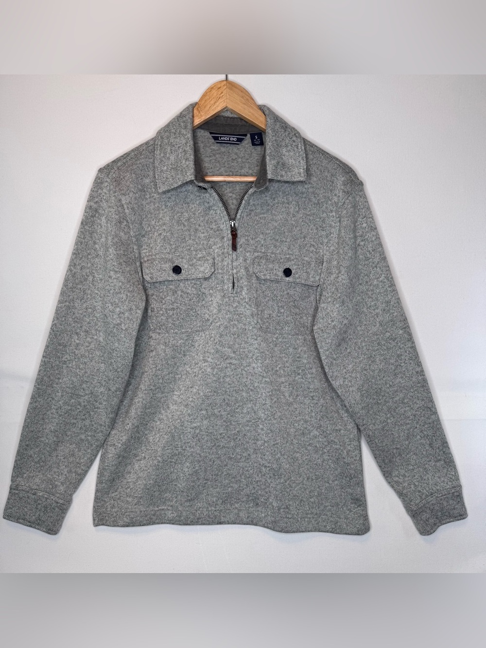 Lands' End Mens Small Sweater Fleece 1/4 Zip Pullover Gray pockets sailor button